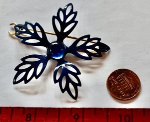 NEW/OLD METAL navy blue BARRETTE FLOWER MOONSTONE GLASS STONE CENTER 2.25 IN - Picture 1 of 3