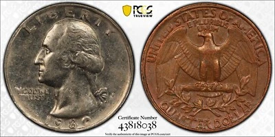 ER349 1980-P 25C Washington Quarter Dollar -- Reveres Clad Layer Missing - Image 1 of 4