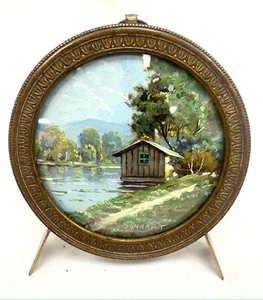 JOLIE PEINTURE MINIATURE SUR PAPIER - SIGNÉE L. JONNART - BORDS DE SEINE MEULAN - Imagen 1 de 2