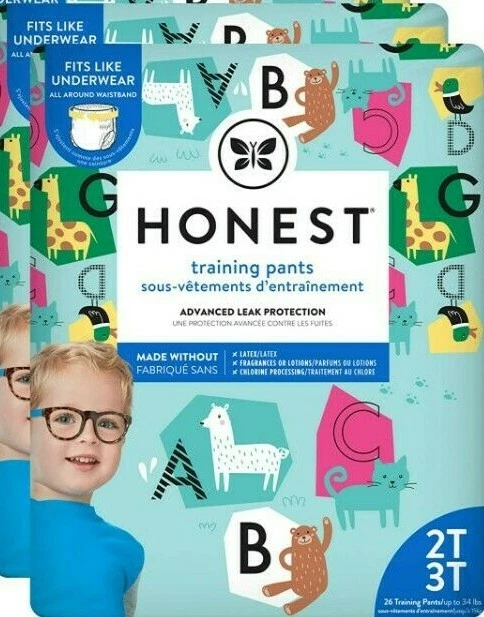 (4 paquetes) Pantalones de entrenamiento Honest Company para niños pequeños talla animal 2T/3T, 104ct Foto 1 de 3
