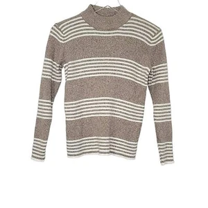 Karen Scott Mock Neck Sweater Long Sleeve Striped PM Beige Cream Neutral Top - Picture 1 of 4