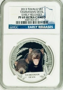 2013 TASMANIAN DEVIL 1 oz Silver Proof Colorized Dollar NGC PF 69 UC ER Tuvalu - Picture 1 of 2