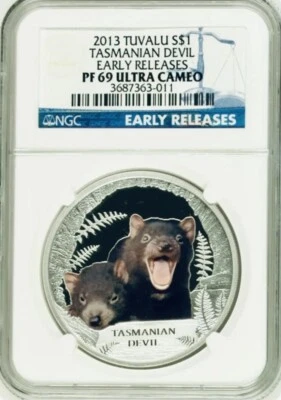 2013 TASMANIAN DEVIL 1 oz Silver Proof Colorized Dollar NGC PF 69 UC ER Tuvalu - Image 1 of 2