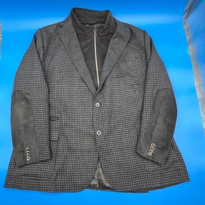 Blazer masculino Robert Graham Houndstooth lã cashmere mistura cotovelo remendos zíper EUA 52 - Imagem 1 de 4