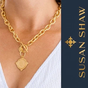 Susan Shaw Gold Intaglio Coin Front Toggle Necklace 24kt TGP 16" $110 MSRP New! - Picture 1 of 13