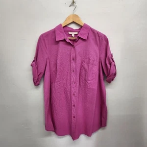 Woman Within pink Button Up 100% Cotton Blouse Roll Tab Elbow Sleeve 14/16 - Picture 1 of 11