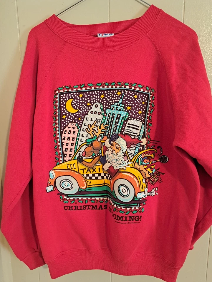 Винтажная ДЕФЕКТНАЯ 3D Рождественская толстовка NYC 1990 САНТА ТАКСИ ТАКСИ ОЛЕНЬ ПРАЗДНИК США - Изображение 1 из 4