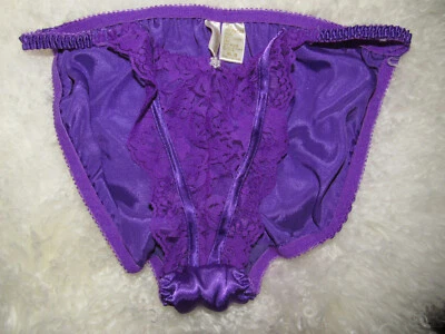 Vtg XL Delicates Glossy Satin Purple String Bikini Panties floral lace  Sz 8  XL - Image 1 of 4