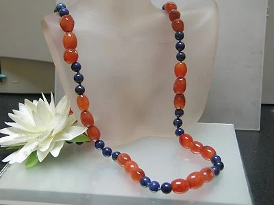 Designer Necklace unique natural Carnelian and real Lapis round beads 36 inches - Image 1 of 4
