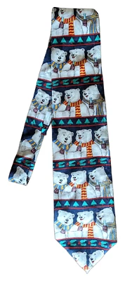 Corbata de Navidad Coca-Cola, Azul Marino, Osos Polares, 100% Seda, Ancho Clásico Largo Foto 1 de 4