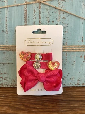 Toddler Hair Bows Pink Hearts Jewels Princess Alligator Clip Set Of 3 #9 - Image 1 of 3