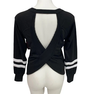 No Boundaries Top Womens Medium Open Back Varsity Athleisure Black Pullover - Image 1 of 4