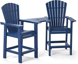 Outdoor Patio Bar Stools,HDPE Height Adirondack Chairs w/ Footrest (Navy Blue) - Picture 1 of 9