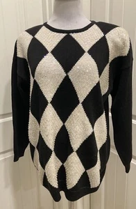 Vintage Sexy  Cristina Sweater Black Ivory Diamond Design Sequins Beads SZ M - Picture 1 of 16