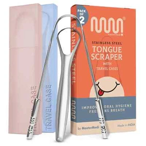MasterMedi Tongue Scraper with Multicolor Cases 2 Pack 100% Stainless Steel R... - Picture 1 of 6