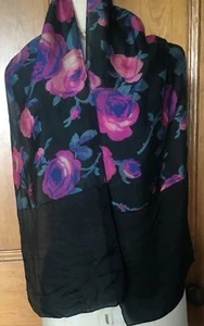 True Vintage 1930's Silk Evening Stole Black With  Roses 148 cms l x 28 cms w - Picture 1 of 15