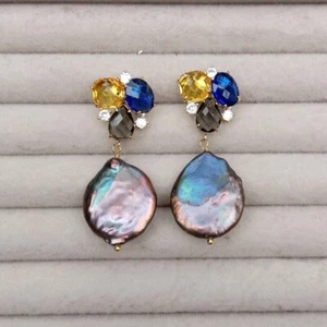 Pendientes colgantes de cristal con perla negra cultivada de 1,9" joyería de boda - Imagen 1 de 6