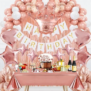 Rose Gold Birthday Party Decorations Set - Banner, Confetti Balloons, Foil Fring - Picture 1 of 7