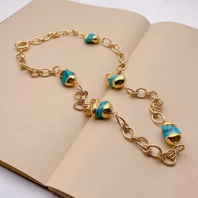 Irregular Blue Turquoise Gold Plated Chain Station Long Necklace 28" - Image 1 of 4