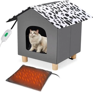 Heated Cat House for Outdoor Cats, Waterproof & Insulated Elevated Grey - Picture 1 of 6