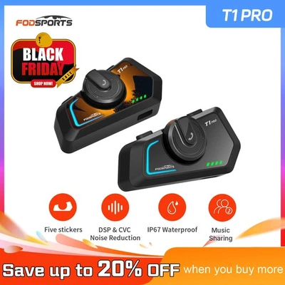 2X T1 Pro Motorcycle Intercom 6 Riders Group 2000m Helmet Headset Bluetooth 5.4 - image 1 of 4