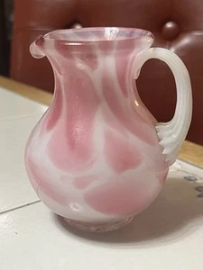 Pilgrim Pitcher Hand Blown White Pink Swirled Applied Handle 5” Vintage Sweet - Picture 1 of 7
