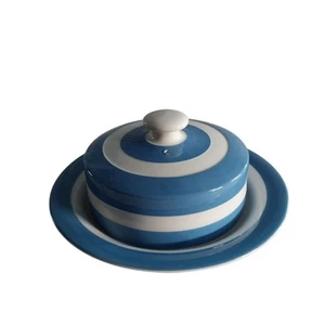 Vtg Cornishware TG Green Dome Covered Butter/Cheese Dish Blue White Striped - Picture 1 of 10