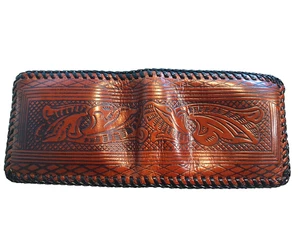 Vintage braune Leder-Geldbörse mit Doppelfaltung handbesetzt geometrisch Western schwarze Nähte - Bild 1 von 8
