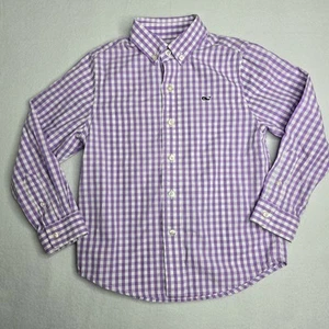 Vineyard Vines Boys Button Down Shirt 5 Purple White Plaid Logo Whale Long Sleev - Picture 1 of 10