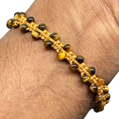 Handgemacht Tiger Auge Perlen Armband 4mm Steine Makramee Verstellbar Braunkabel - Bild 1 von 4