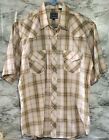 Roper Men&#39;s Plaid Shirt Pearl Snaps Large Tan Plaid Pockets Short Sleeve