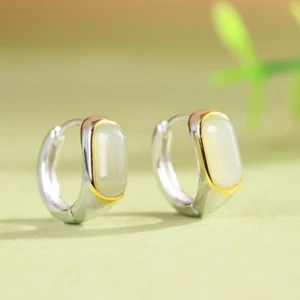 N05 Ohrringe Kreolen mit heller Jade Rahmen Sterling Silber 925 - Bild 1 von 8