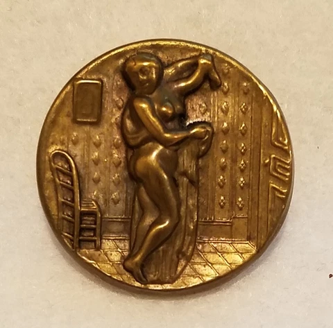 AMAZING ANTIQUE STAMPED  BRASS With "AFTER THE BATH"  LADY BUTTON,  1-1/16" Cover