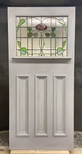 X LARGE VICTORIAN STAINED GLASS FRONT DOOR OLD RECLAIM ANTIQUE WOOD ART NOUVEAU - Picture 1 of 12