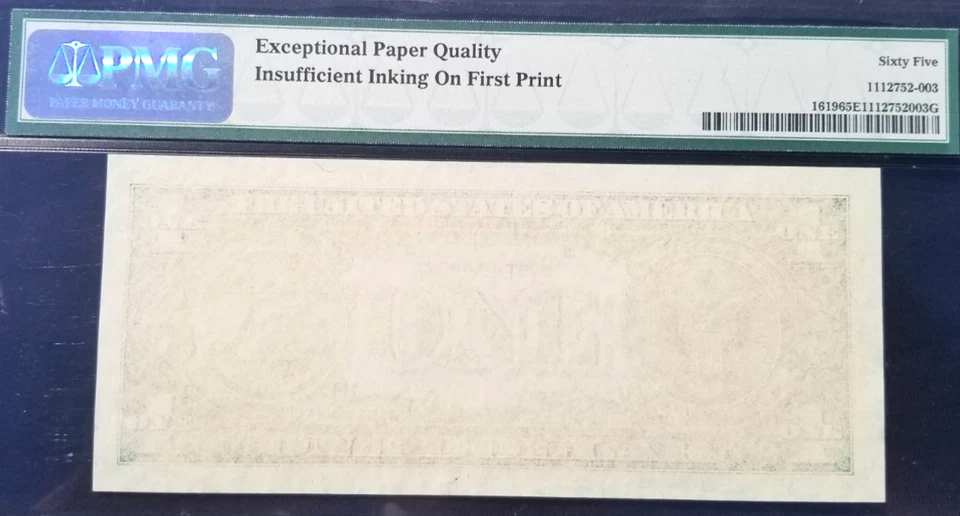 PMG 65 EPQ!  1957 BLANK BACK INSUFFICIENT INKING ERROR $1 SILVER CERT FR.1619 - Image 1 of 4