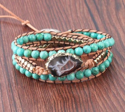 E09 Armband Achat Geode und Türkis bunte Kristalle auf Lederseil 62 cm lang - Bild 1 von 4