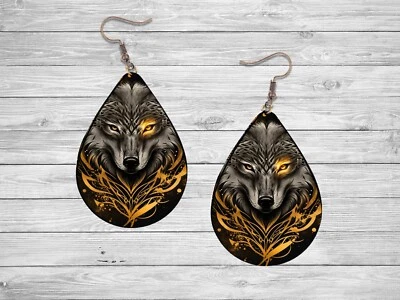 Black and Gold Wolf Earrings Handmade Wood Tear Drop Dangle Printed Jewelry - Image 1 of 3