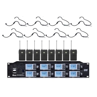 8 Channel UHF Wireless Microphone System for Stage 8 Cardioid Headset Mic Black - Image 1 of 3