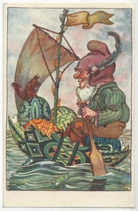 Gnomo pasquale firmato artista 1918 in barca a remi, uova enormi - cartolina arte ceca - Foto 1 di 2