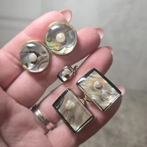 Vintage Swank Lucite Real "Pearl on Shell" Cuff Links & Tie Tack from 1970s 5 PC - Picture 1 of 4