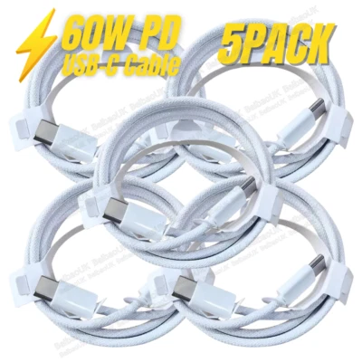 5PACK 60W USB-C to USB-C Cable Fast Charge Cord For iPhone15/16/Plus/ProMax/iPad - Image 1 of 4