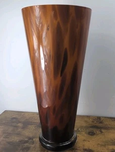 Very Large 16" Brown Tortoise Pattern Murano Style Tall Crystal Vase - Picture 1 of 10