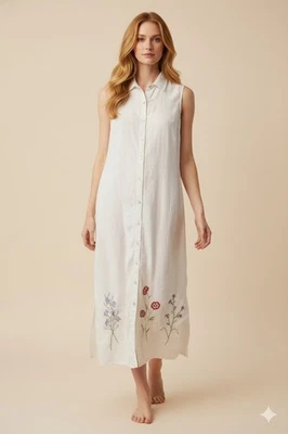 Maxi Vestido Studio Ease Mezcla de Lino Botón Frontal Blanco Floral Bordado Talla 16 Foto 1 de 4