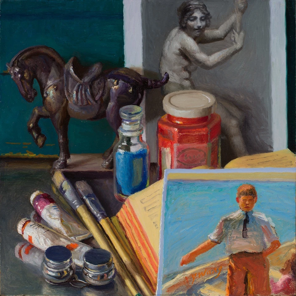 pintura original bodegón realismo arte material manguera estatua libro 12x12" Y Wang Foto 1 de 1