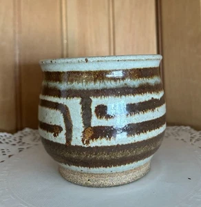 Handmade Studio Pottery Ceramic Planter Pot Rustic Brown Stripes - Picture 1 of 7