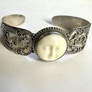 Bracciale Vintage Argento Sterling Bali Luna Intagliata Full Face Bellissimo - Foto 1 di 8