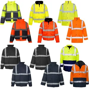 HI VIZ VIS JACKET HIGH VISIBILITY REFLECTIVE WATERPROOF WORKWEAR PADDED HOODED - Picture 1 of 21