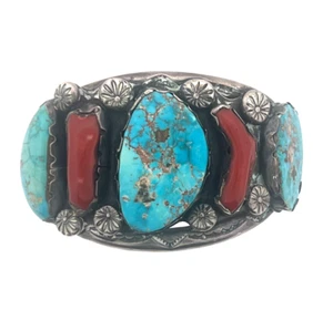 Richard Henry Yazzie, Navajo (1927-2000) turchese sterling pesante e corallo 122,4 g - Foto 1 di 13