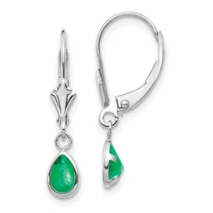 14K Solid White Gold Emerald Dangle Earrings - Picture 1 of 3