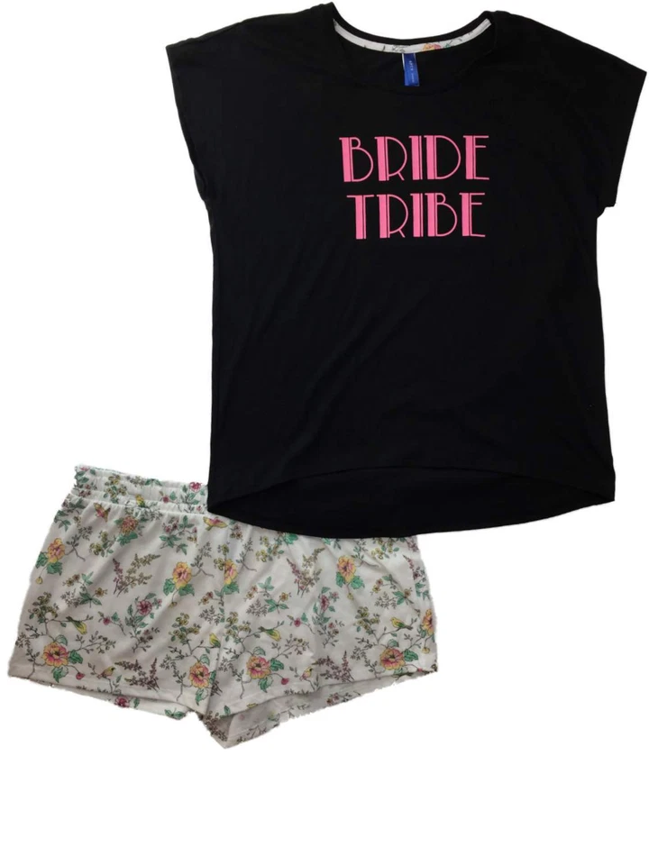Mujer Negro y Rosa Novia Tribu Floral Pantalones Cortos Pijama Flor Pantalón Conjunto para Dormir Foto 1 de 1